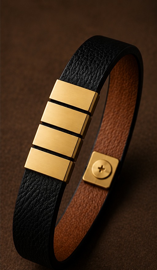 Rieset Bracelet in brushed gold on black full-grain leather
