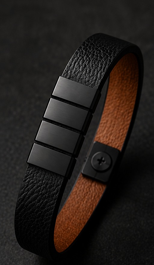Black full-grain leather Rieset Bracelet with four matte black brushed metal bars and tan interior