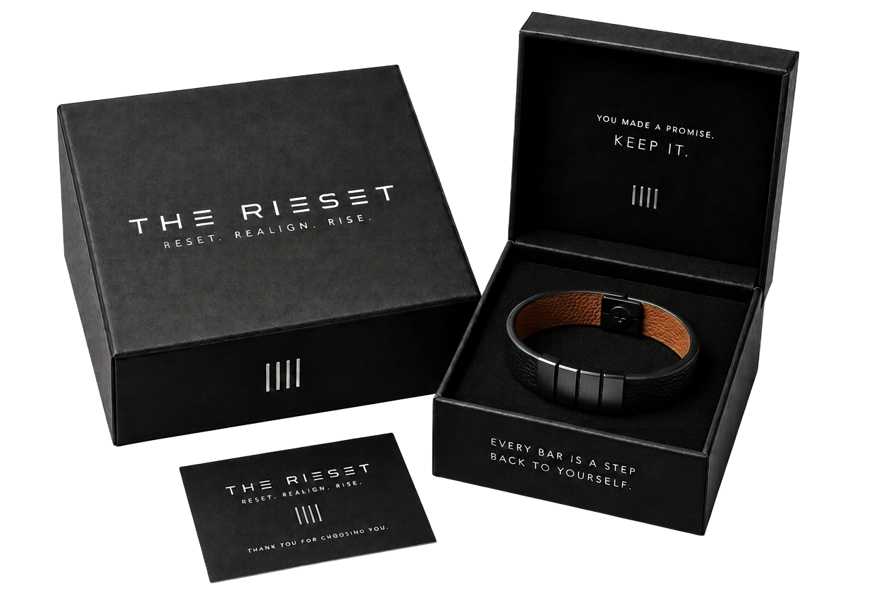 THE RIESET premium gift box open with the Rieset Bracelet inside, sealed and unactivated