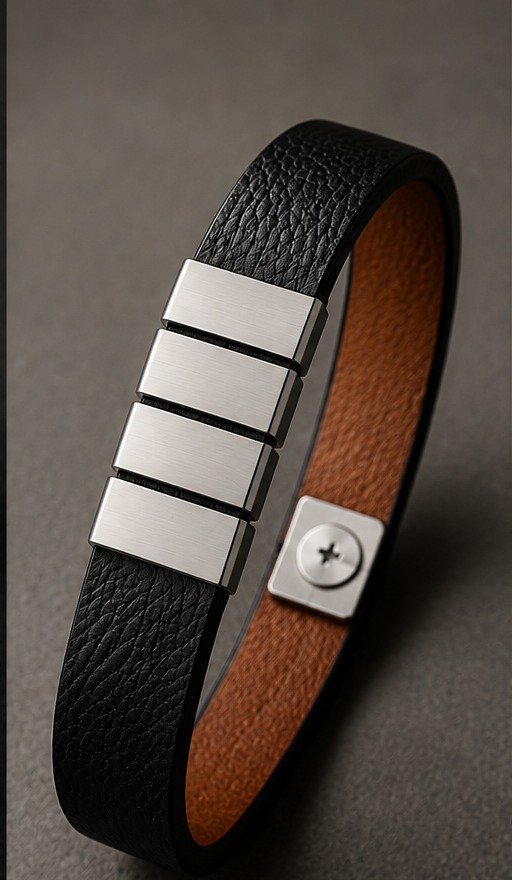 Rieset Bracelet in brushed silver on black full-grain leather