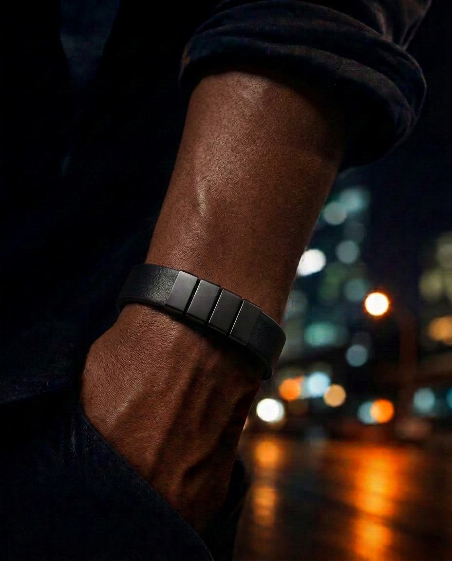 Arm wearing the black leather Rieset Bracelet with matte black brushed metal bars under warm city street light at night