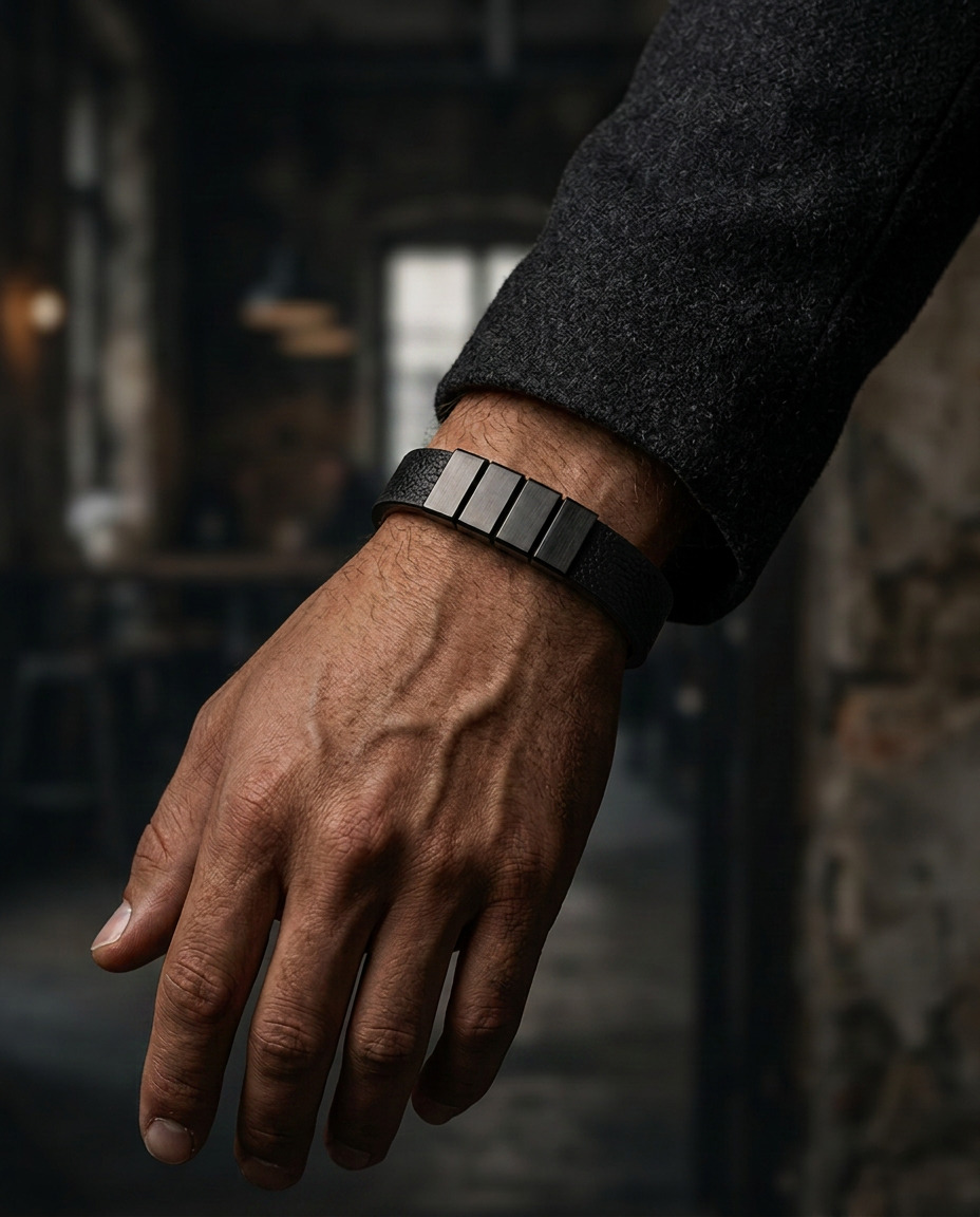 Rieset Bracelet in matte black finish worn on a wrist — exact four-bar leather design